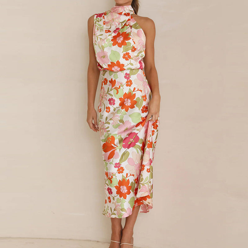 Sylvia - Elegant højhalset ærmeløs blomstret maxikjole