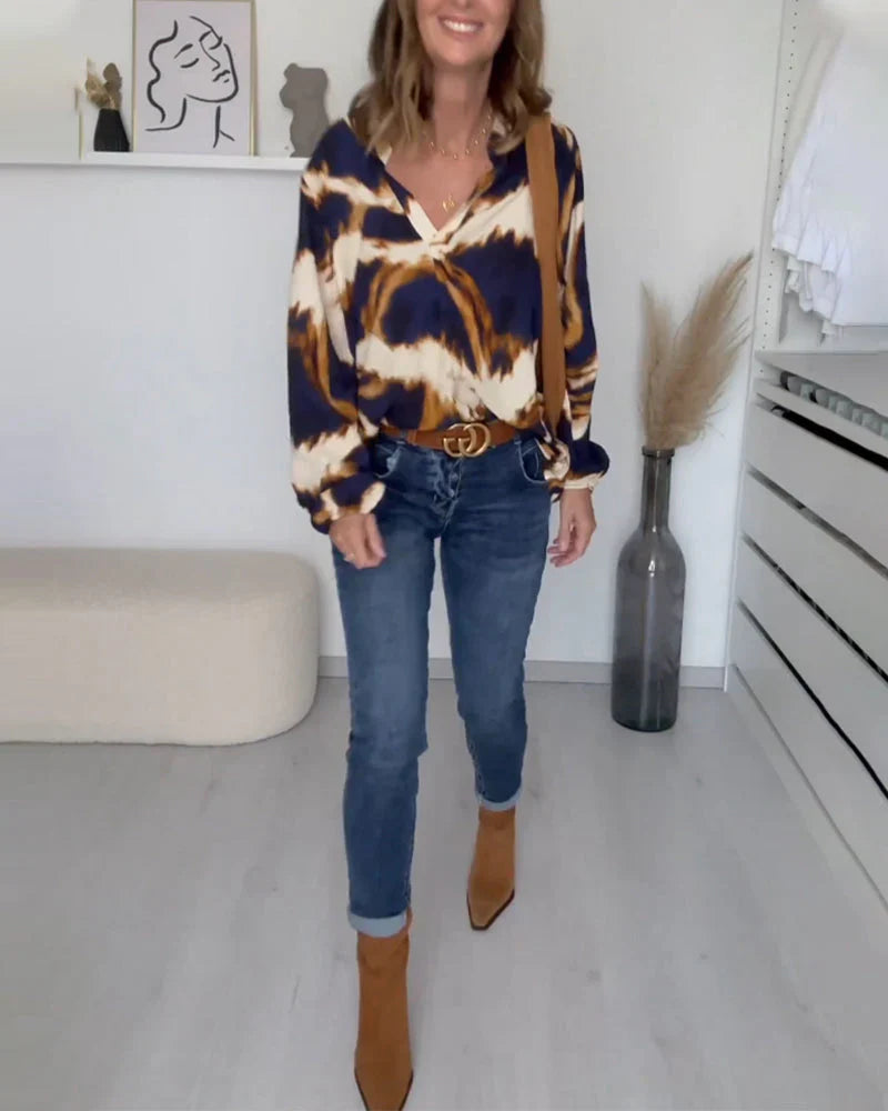 Elena - Elegant damebluse med V-udskæring og lange ærmer