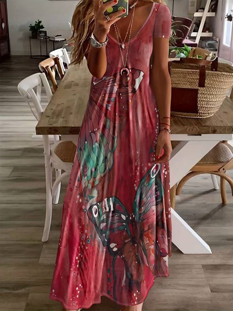 Gracie – V-hals kjole med sommerfugleprint