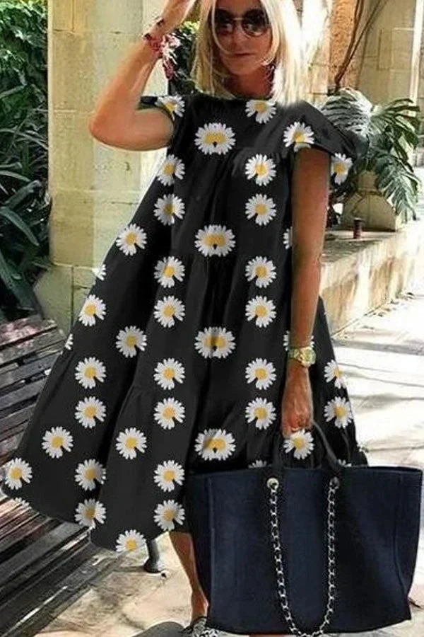Brunhilde - Kortærmet blomsterprint flæsekjole