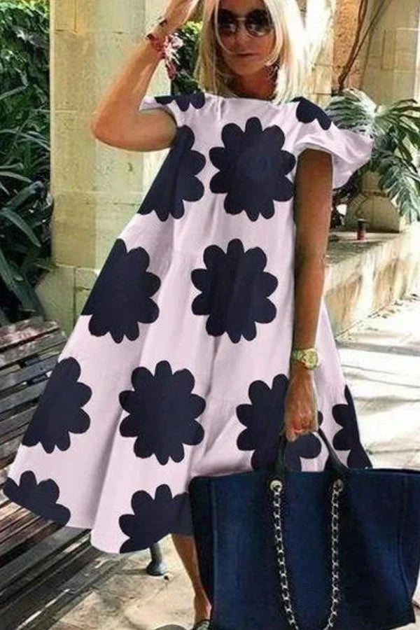 Brunhilde - Kortærmet blomsterprint flæsekjole