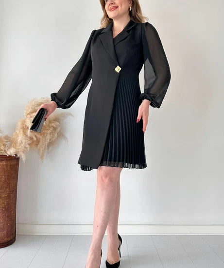 Amalia - Elegant pufærmer plisseret knælang kjole
