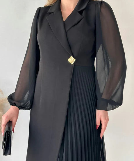 Amalia - Elegant pufærmer plisseret knælang kjole