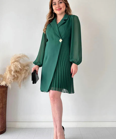 Amalia - Elegant pufærmer plisseret knælang kjole