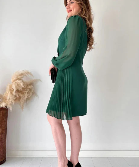 Amalia - Elegant pufærmer plisseret knælang kjole