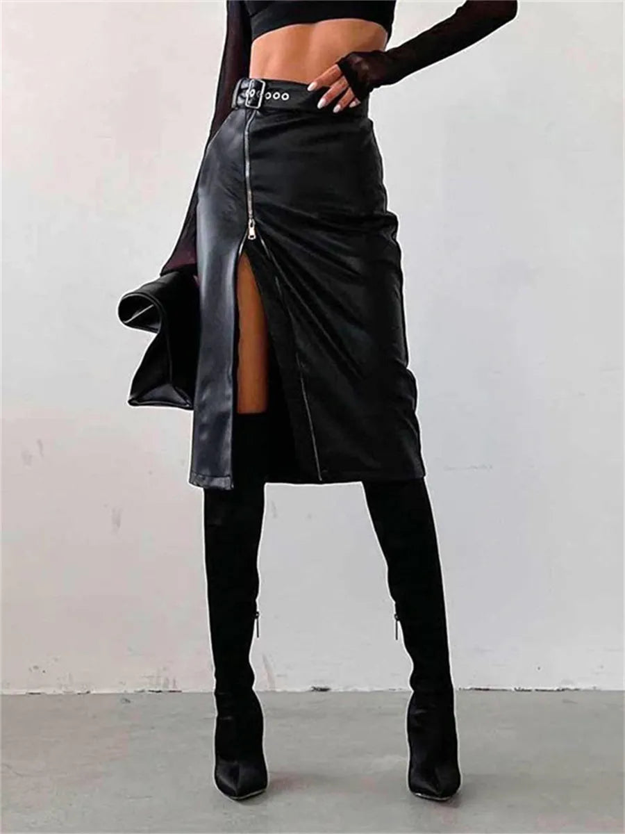 Johanne - Elegant pencilskirt i PU-læder med høj talje og lynlås